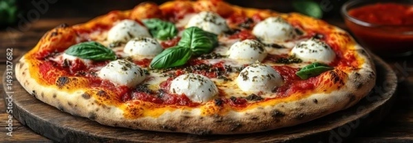 Obraz Classic pizza with crispy crust, pepperoni, mozzarella, oregano, served on wooden board.
