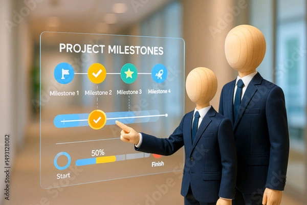 Fototapeta Two figures business suits with faceless heads interact with digital project milestone chart modern office setting, emphasizing leadership