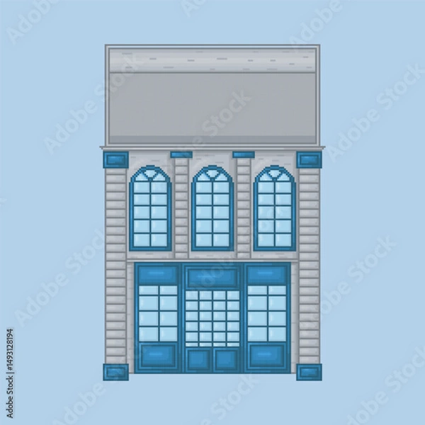 Obraz Top view two story building in pixel art style with isolated background