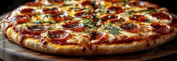Obraz Classic pizza with crispy crust, pepperoni, mozzarella, oregano, served on wooden board.