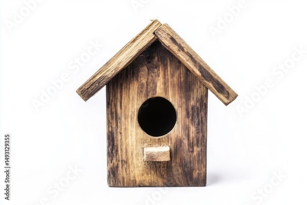 Fototapeta Rustic wooden birdhouse studio shot on white background front view simple design weathered wood grain empty hole bird sanctuary