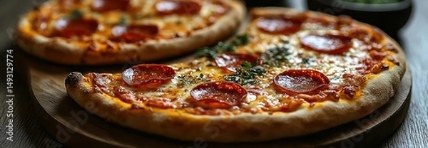 Obraz Classic pizza with crispy crust, pepperoni, mozzarella, oregano, served on wooden board.