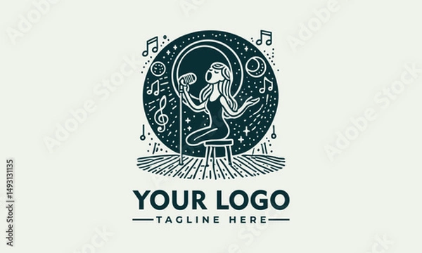 Fototapeta Vintage microphone illustration with musical notes and expressive hand gesture in decorative circular frame. Music concept
