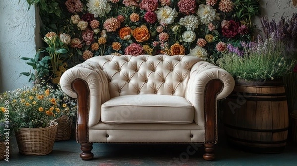 Obraz A classic single armchair with dark wood arms, placed in front of a vintage-style floral wall design 