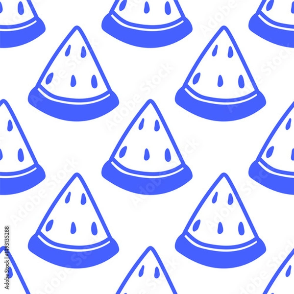 Fototapeta A cute blie seamless pattern with wedges of watermelon. Fun line art summer print.