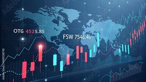 Obraz Stock Market Data Visualization: A dynamic representation of global market trends, with vibrant candlestick charts and world map, showcasing financial data and economic performance.