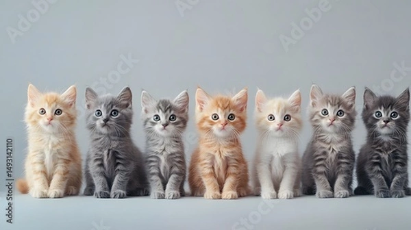 Fototapeta Six adorable kittens of various breeds sit in a neat row against a soft gray background showcasing their unique fur colors and cute expressions, perfect for pet-related projects
