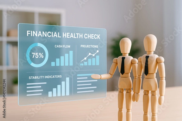 Fototapeta Two wooden mannequins analyze digital display showing financial health check data, symbolizing management and growth wealth and financial