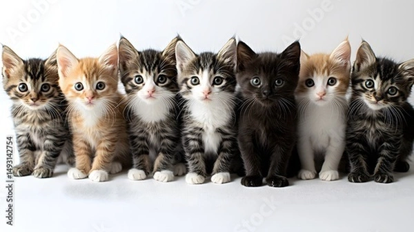 Obraz Six adorable kittens in a row display a variety of charming colors and unique markings posing against a clean white background showcasing their fluffy fur and captivating eyes