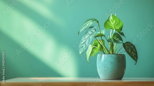 Obraz Green Indoor Plant in Modern Pot on Table Against Aqua Background