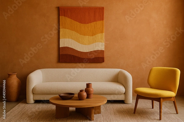Fototapeta A contemporary living room showcases a comfortable sofa and stylish furniture, illuminated by a modern lamp within a luxury home interior