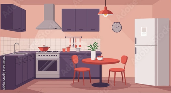 Fototapeta This is a cartoon illustration of a kitchen, featuring cabinets, a stove, a refrigerator, a dining table with chairs, and other kitchen appliances.
