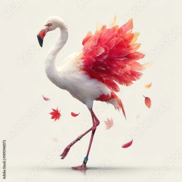 Fototapeta Stylized flamingo in dancing pose, white background with floating feathers and leaves, single-piece product ready, feathers floating white background