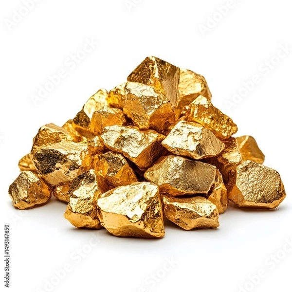 Fototapeta A pile of gleaming gold nuggets isolated on white provides copy space ideal for illustrating concepts related to market crashes, financial security, and precious metal investments