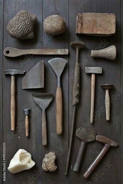 Fototapeta Stone Carving Tools Still Life Overhead Shot on Dark Wood Surface Hammers Chisels Mallet Rocks and Raw Stone