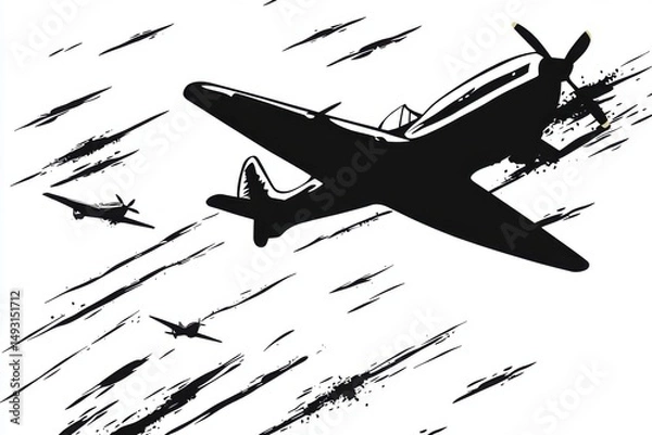 Fototapeta Vintage airplanes flying in formation monochrome graphic design warbirds in flight aviation history world war two aircraft retro style
