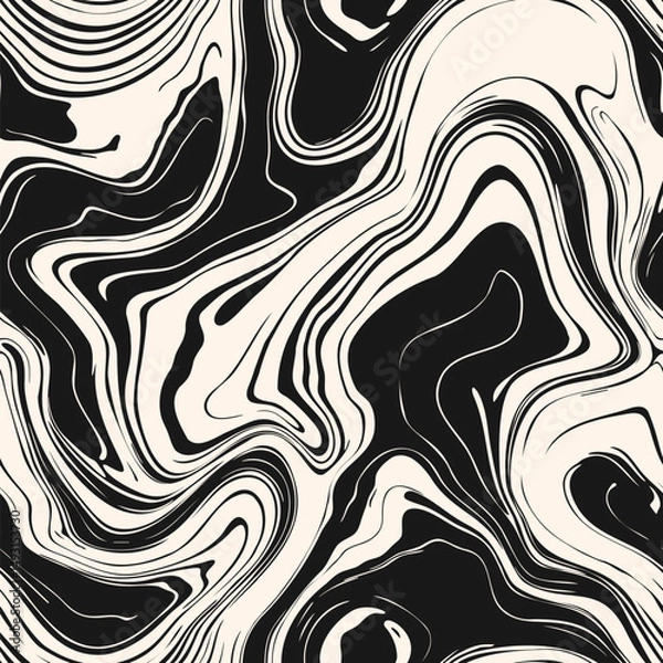 Fototapeta Vector seamless pattern with fluid organic shapes, liquid lines. All-over black and white abstract ink stain texture, marble surface. Funky groovy geo background with waves, acrylic paint, watercolor