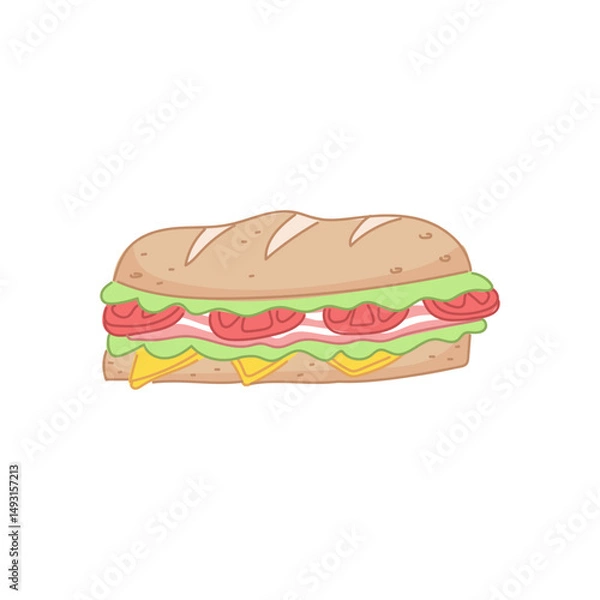 Fototapeta A cute illustration of a submarine sandwich. Doodle panini with tomatoes, bacon, lettuce, cheese.