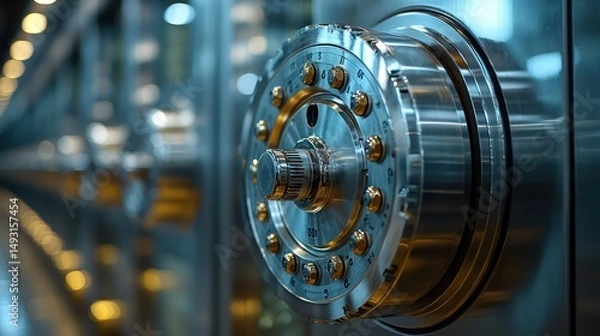 Obraz Close-up of bank vault’s combination lock turning, focusing on secure steel door mechanism.