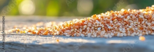 Fototapeta Tiny seeds on wood, glowing with natural vitality, soft focus background. Essence of life and growth in nature's simplicity.