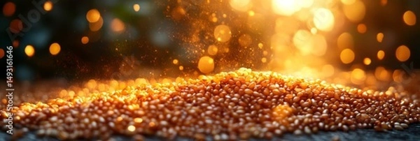 Fototapeta Tiny seeds on wood, glowing with natural vitality, soft focus background. Essence of life and growth in nature's simplicity.