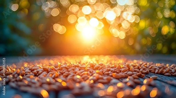 Fototapeta Tiny seeds on wood, glowing with natural vitality, soft focus background. Essence of life and growth in nature's simplicity.
