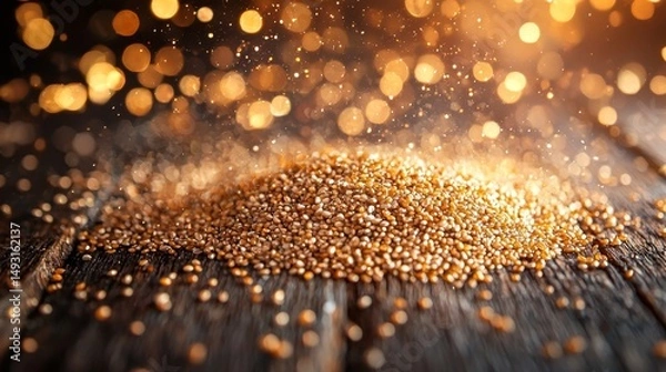 Fototapeta Tiny seeds on wood, glowing with natural vitality, soft focus background. Essence of life and growth in nature's simplicity.