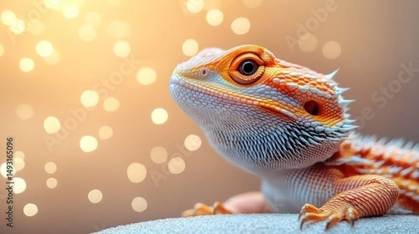 Obraz Bearded dragon with calm expression on soft, muted desert background in beige and warm yellow.