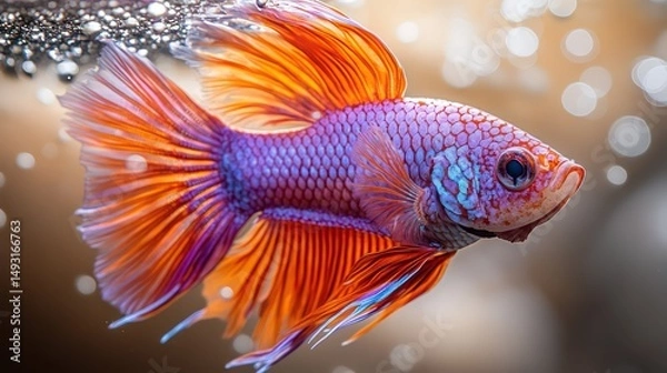 Obraz Beautiful betta fish with rich purple and red fins flowing elegantly on cream background.