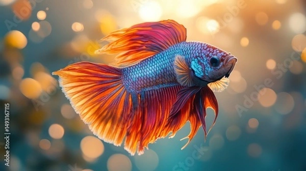Obraz Beautiful betta fish with rich purple and red fins flowing elegantly on cream background.