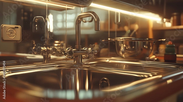 Fototapeta Kitchen sink and faucet with blurry background elements and warm lighting.