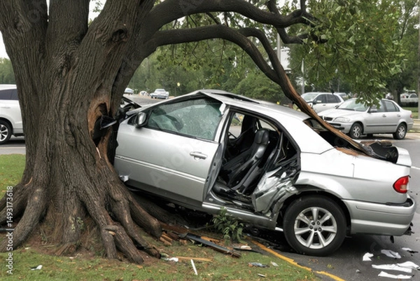 Fototapeta A vehicle has collided with a tree, causing damage and potentially harm