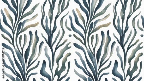 Fototapeta Watercolor Kelp Forest with Flowing Seaweed on White Background.