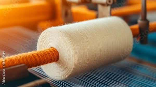 Fototapeta Close-Up of Cotton Thread Being Woven into Fabric on Textile Loom in Vibrant Colors and Textures