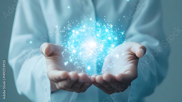 Obraz Hands Holding Magical Light Energy with Sparkles and Glow Effect