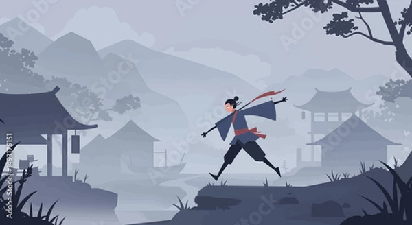 Obraz Pixel Art Animated Warrior Running Through Misty Village Landscape