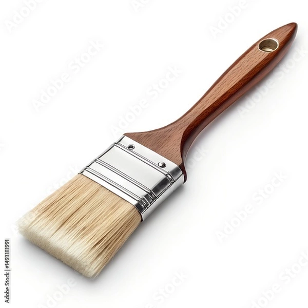 Fototapeta Hyper-Realistic Paintbrush with Wooden Handle and Clean Bristles Isolated on White Background