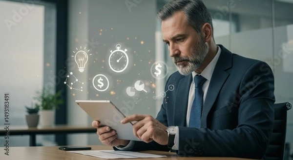Fototapeta Focused businessman using a tablet with overlaid icons representing business concepts like idea, money, and time management.