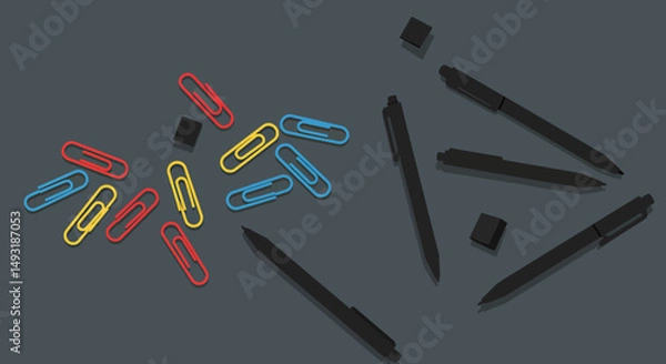 Obraz Colorful Paperclips And Pens On Dark Gray Background