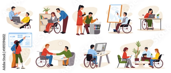 Fototapeta Disable people work. Diverse business team. Inclusive person character. Handicapped man on wheelchair sitting at computer. Woman with prosthesis presenting project. Vector cartoon set