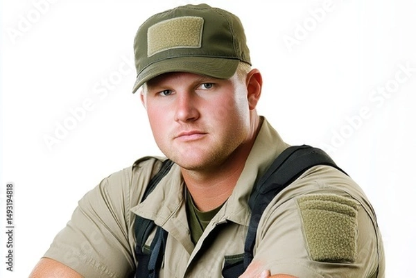 Fototapeta Portrait of a Serious Man in Tactical Gear with Backpack and Cap Studio Shot on White Background