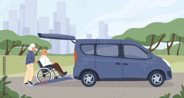 Fototapeta Disabled people use car. Woman helping to man boarding into automobile. Couple loading in auto van. Transport for old people who needs special hospital support. Vector illustration