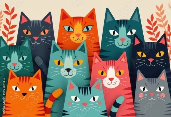 Fototapeta A colorful illustration featuring a group of playful and cheerful cats