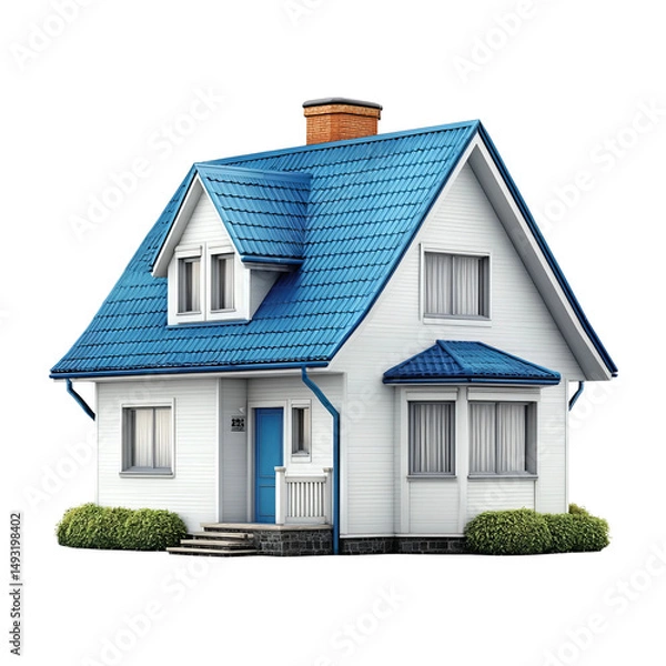 Fototapeta A cozy white house with a vibrant blue roof. A beautiful and idyllic home with windows and landscaping