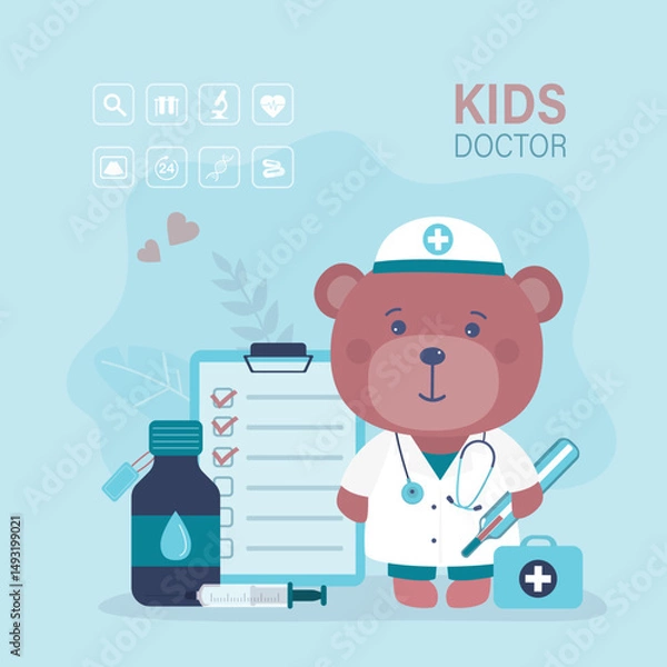 Obraz Doctor teddy bear with stethoscope. Cute stuffed animal toy wearing white scrub. Funny bear animal with medical tools. Therapist, kids doctor or nurse.