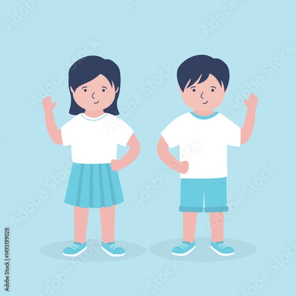 Obraz Two little kids standing pose children. Group of kids, friends. Set of preschool children - caucasian boy and girl.