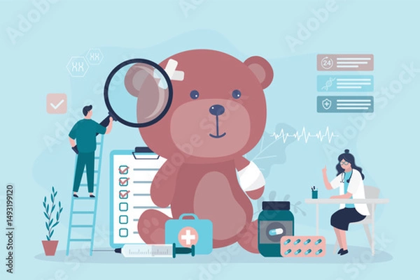 Obraz Unhealthy teddy bear, cute animal toy need treatment, kids medical banner. Doctors treat sick animal toy. Doctor and nurse uses medical tools - stethoscope, drugs,