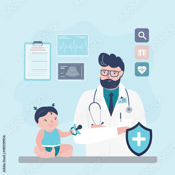 Obraz Pediatrician doctor examining little girl doing medical checkup. Kids clinic, male pediatrician and cute baby in hospital room. Medical banner, healthcare.
