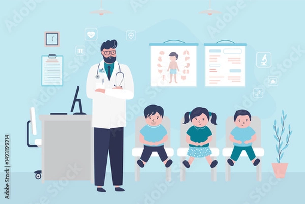 Obraz Pediatric clinic. Sick children are sitting in medical office room. Queue at hospital to see doctor. Male physician and illness kids. Hospital room interior. Healthcare