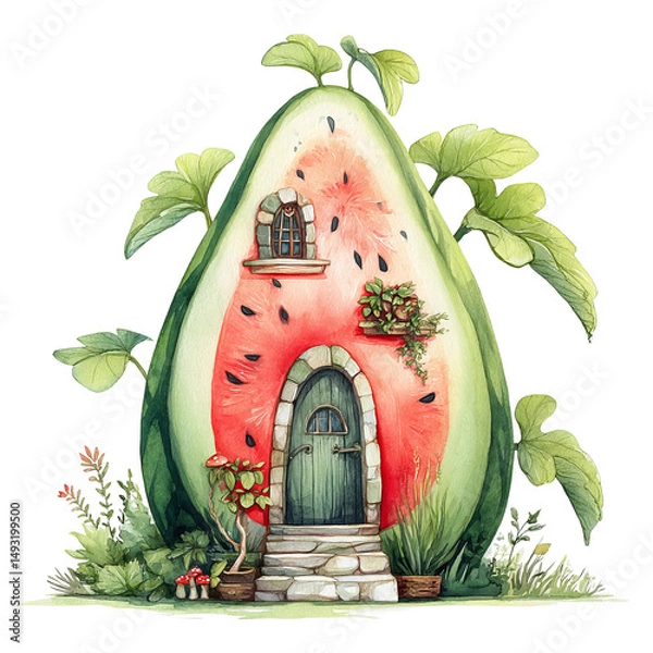 Fototapeta A whimsical watermelon house with artistic design elements. It invites viewers to embrace fantasy and creativity
